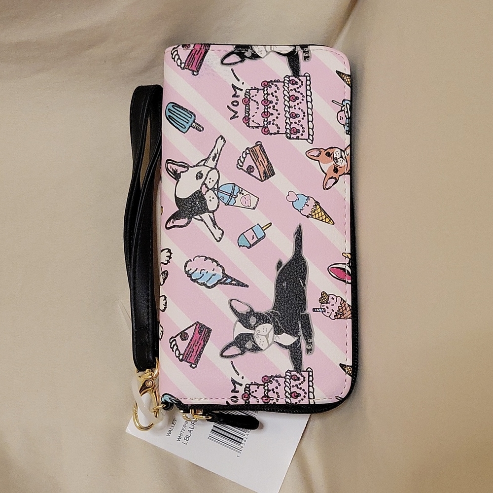 NWOT Betsey Johnson French Bulldog Pink Stripe Zipper Wristlet Wallet
